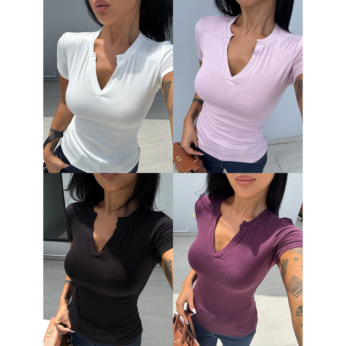 kellystudios欧美风超轻短V领显瘦短袖t 纯色收腰型透气全棉修身