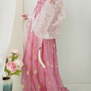 青泠谷齐胸一片式粉色小桃花法门寺披衫白底绿花衫雪纺烫金齐胸裙