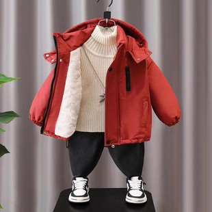 男童加绒加厚外套秋冬款儿童派克服冬季2025新款男宝宝连帽棉衣服