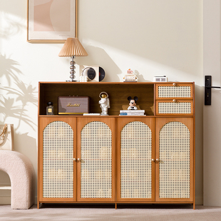 全实木鞋柜家用门口收纳柜一体靠墙2025新款中古风入户储物玄关柜