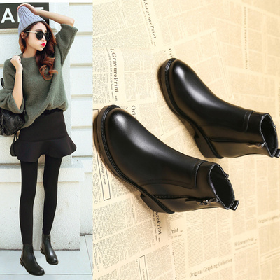 真皮平底短靴切尔西英伦风