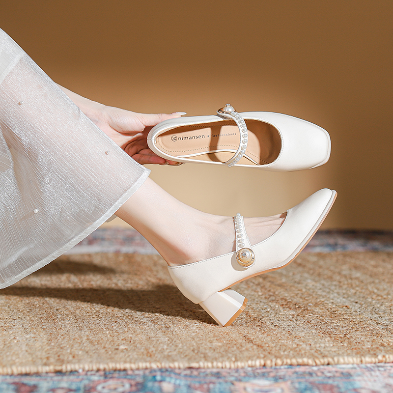 真皮珍珠高跟鞋玛丽珍女鞋