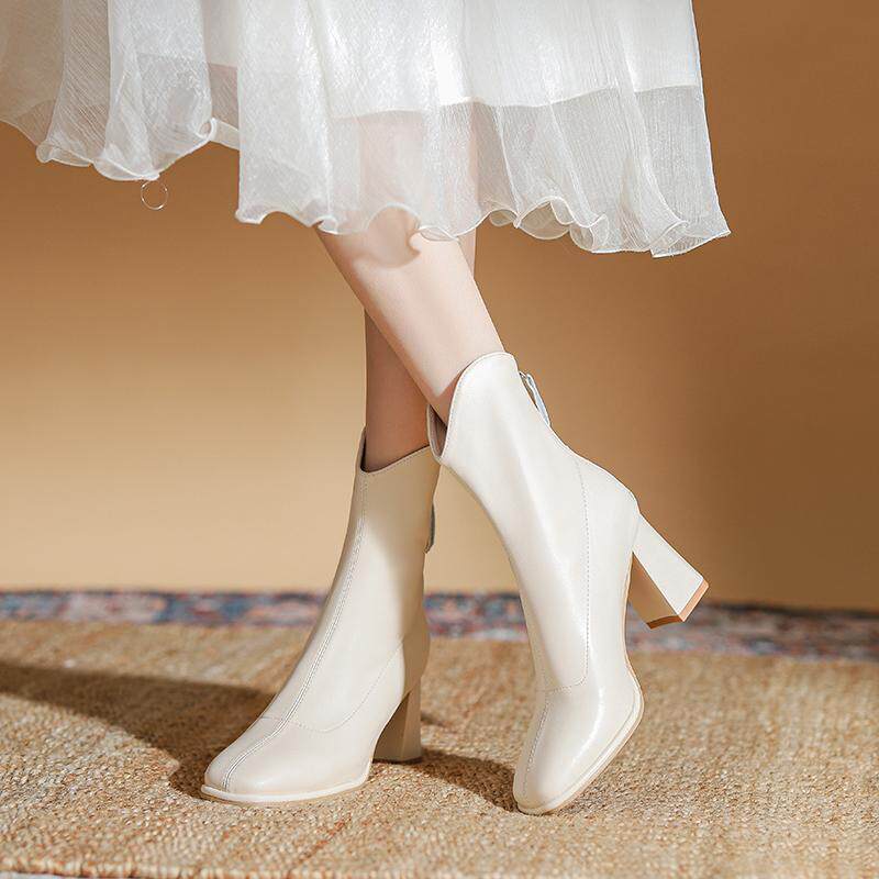 真皮版~高跟短靴女2026秋冬加绒杏色瘦瘦靴子粗跟法式洋气小踝靴