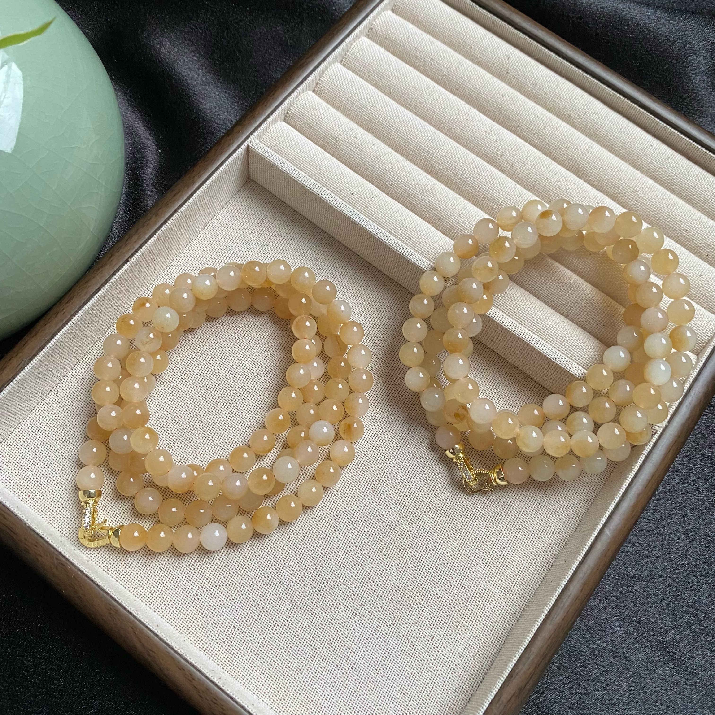 天然新疆和田玉且末金山糖白8mm圆珠项链108颗多圈手链毛衣链