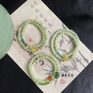 天然玉石和田玉青海料晴水卡6mm双圈设计款手串叠戴百搭配证书