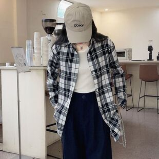 跨境外单格子衬衫女长袖夏防晒薄外套韩版宽松中长款长袖棉麻衬衣