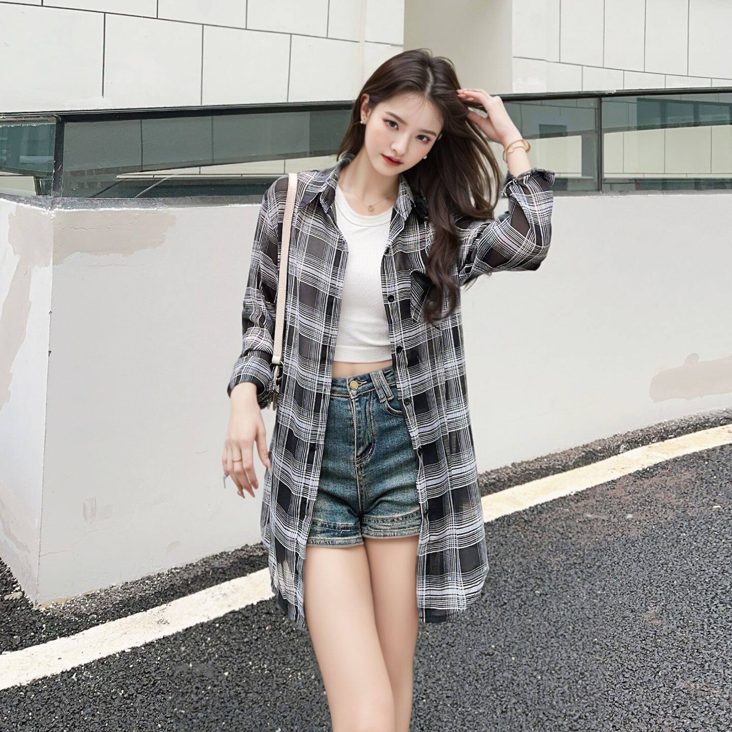 黑白格子防晒衬衫女中长款夏季宽松薄款韩版显瘦慵懒风衬衣外套潮