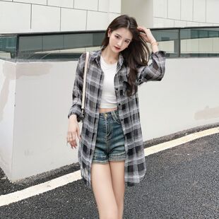 黑白格子防晒衬衫女中长款夏季宽松薄款韩版显瘦慵懒风衬衣外套潮