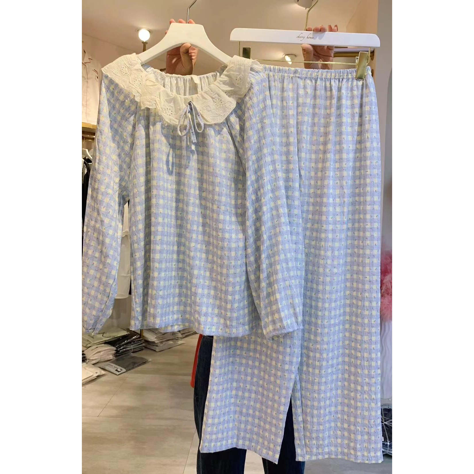 甜美格纹ins复古睡衣女春秋季睡衣/家居服套装