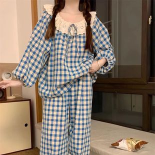 蕾丝甜美格子花边荷叶圆领ins复古少女睡衣女2025秋冬家居服套装