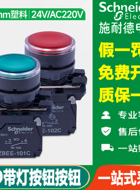 施耐德带灯按钮开关XB5AW33B1C绿红黄蓝白35灯珠34M2C电压24V220V