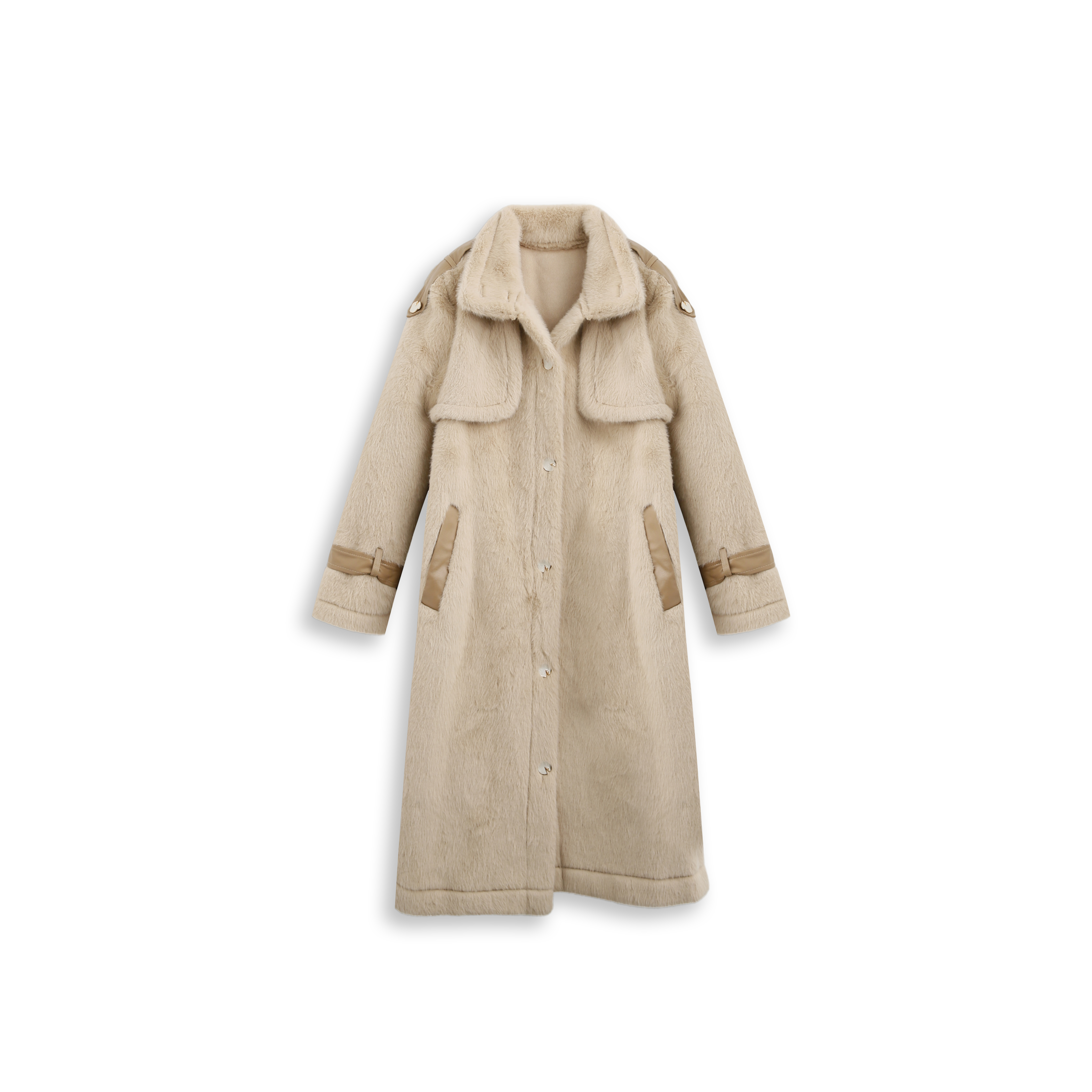 【甜甜专享】韩系慵懒风长款大衣 皮质装饰收腰显瘦 秋冬保暖外套