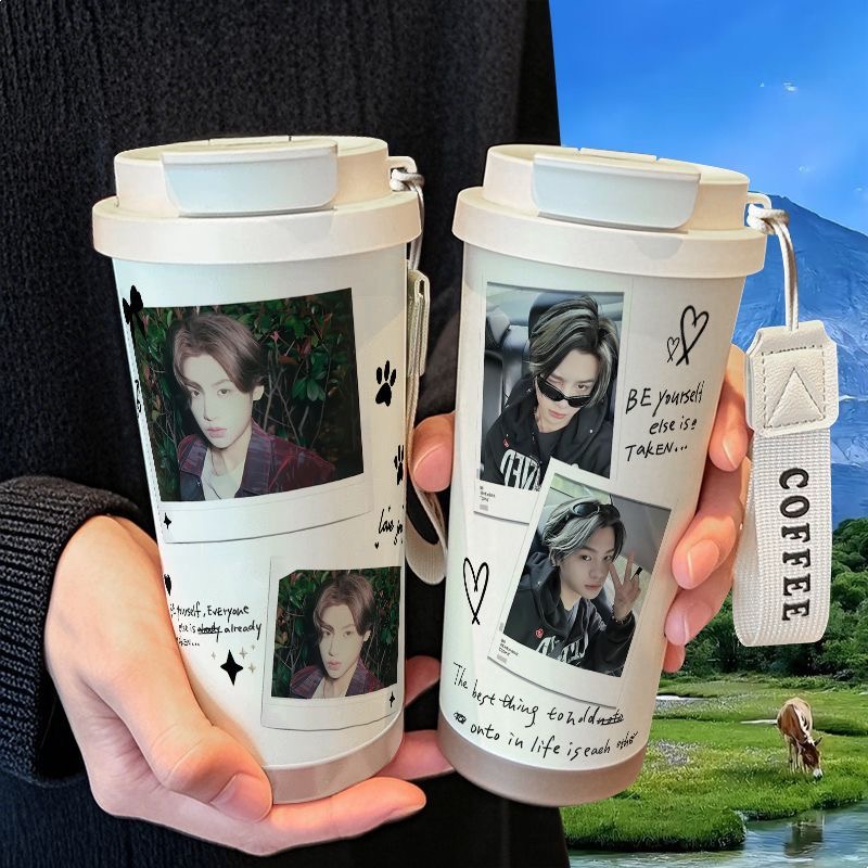 黄明昊高颜值撕拉片保温杯学生吸管大容量316不锈钢车载咖啡杯