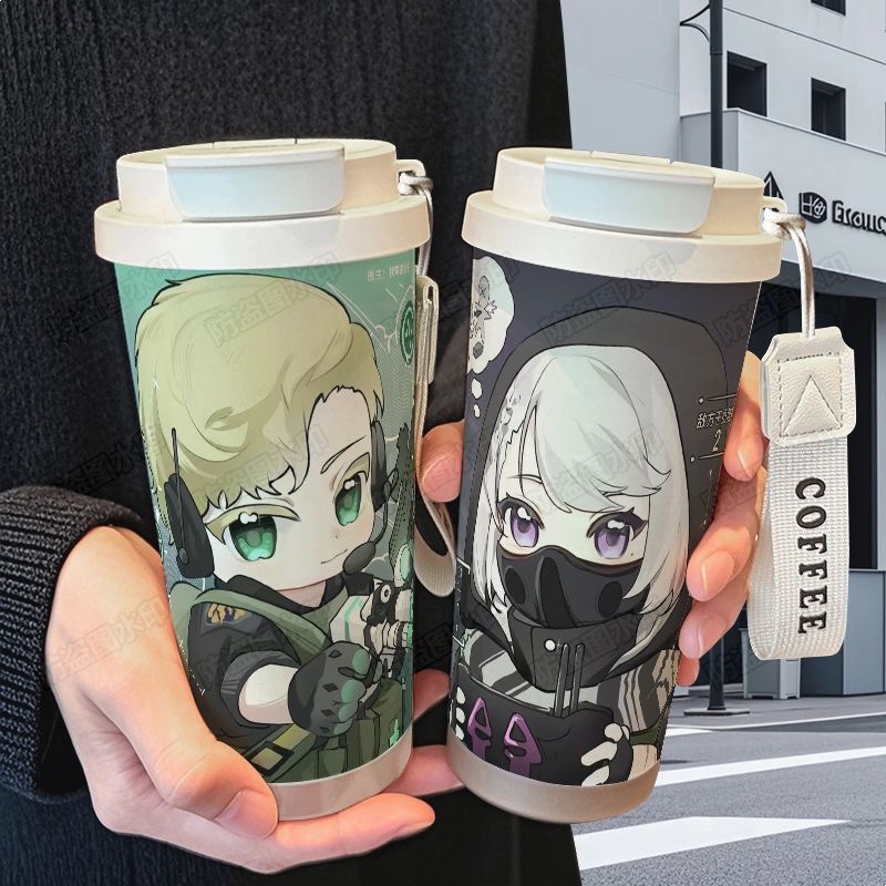 可爱Q版三角洲行动保温杯316不锈钢大容量吸管水杯咖啡杯ins