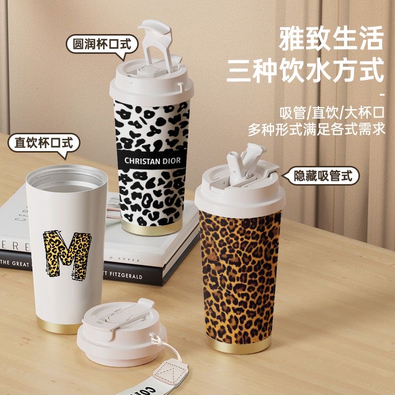 豹纹字母M保温杯大容量网红吸管双饮新款学生316不锈钢咖啡杯子