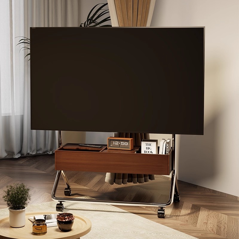 实木不锈钢可移动电视机支架客厅家用推车现代简约落地储物电视柜