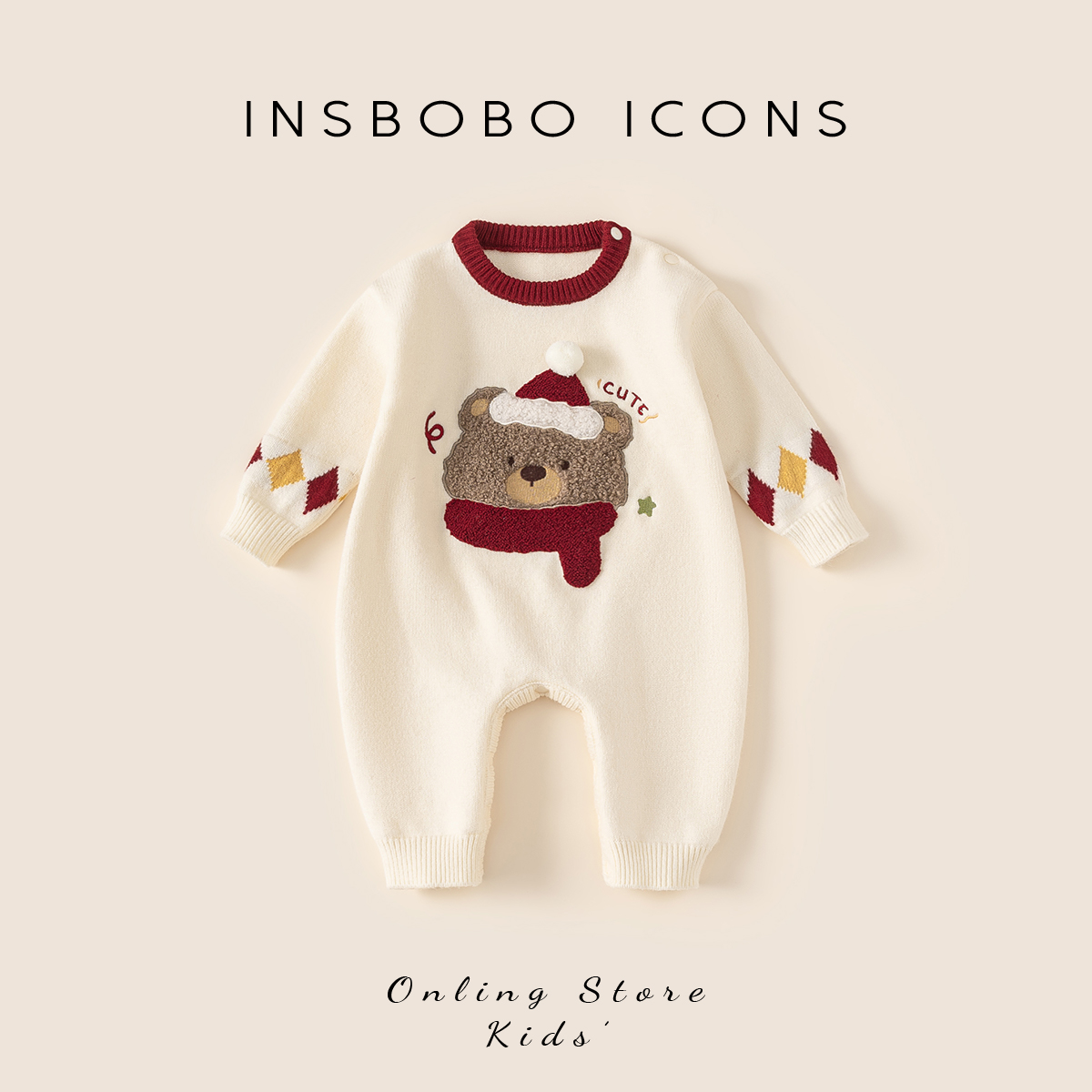 INSbobo儿童毛巾绣几何图案爬服