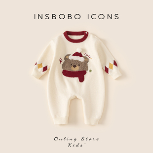 婴儿过年衣服宝宝新年外出连体衣婴幼儿冬季红色针织毛衣外出冬装