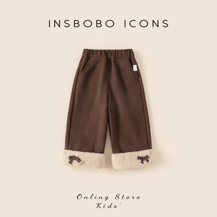 INSbobo女童裤子2025冬季新款加绒宝宝可爱直筒裤儿童保暖冬装潮