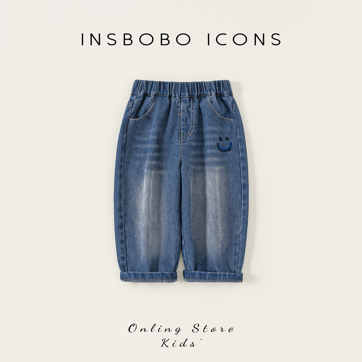 INSbobo儿童卡通刺绣喷白牛仔裤