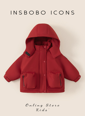 红色男童外套冬季新款儿童棉服女童新年加厚冲锋衣宝宝过年冬装潮