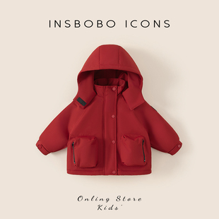 红色男童外套冬季新款儿童棉服女童新年加厚冲锋衣宝宝过年冬装潮