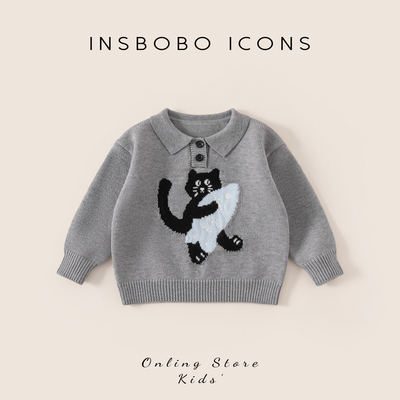 INSbobo儿童翻领卡通图案毛衣