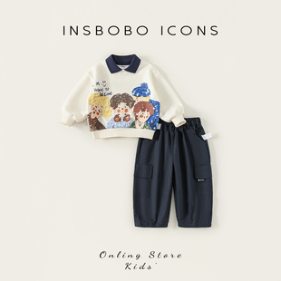 INSbobo儿童套装2026春季新款男童洋气衣服宝宝春秋时髦工装裤潮