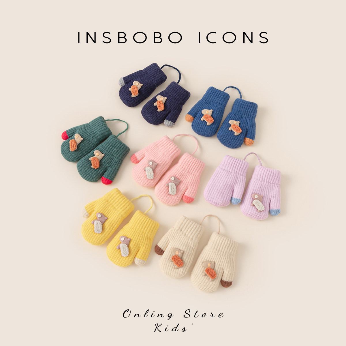 INSbobo儿童手套2025冬季新款女童针织毛线手套男童连手指套秋冬