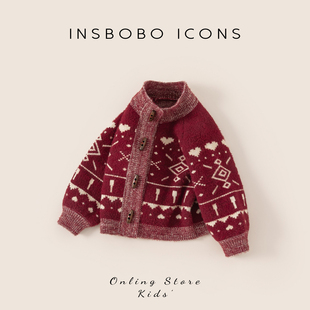 INSbobo拜冬年服喜庆风儿童2025汉服女童衣服冬装男童红色拜年服