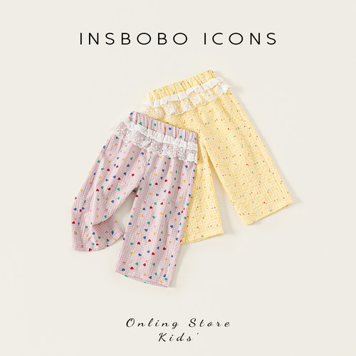 INSbobo儿童网纱花边格子长裤