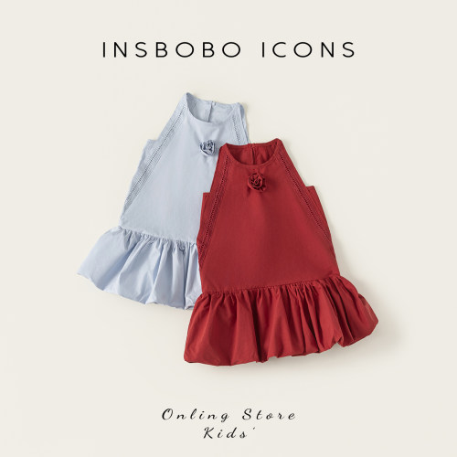 INSbobo儿童挂脖玫红花花苞裙摆