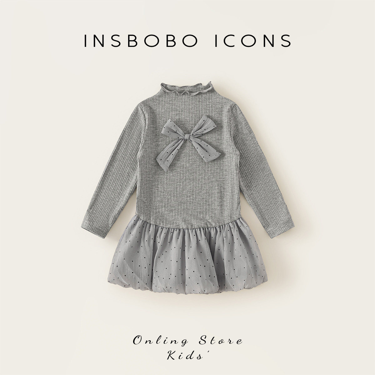 INSbobo女童连衣裙2026秋季新款小女孩裙子儿童蝴蝶结波点网纱裙