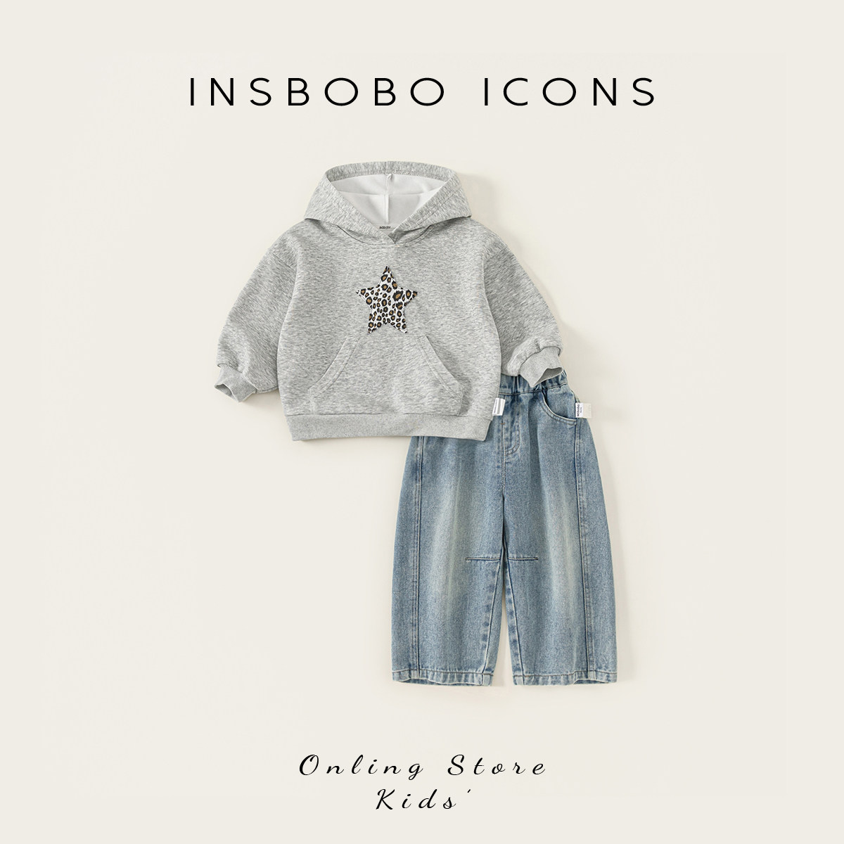 INSbobo儿童连帽卫衣牛仔裤套装图片