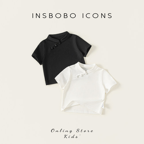 INSbobo儿童纯色立领斜襟短袖T恤