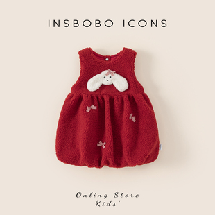 INSbobo女童连衣裙新年冬装新款红色衣服儿童公主裙周岁女宝礼服
