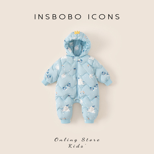 婴儿羽绒服男宝羽绒连体衣外出加厚冬装宝宝90白鸭绒童装冬季衣服