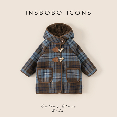 INSbobo儿童格子牛角扣呢大衣