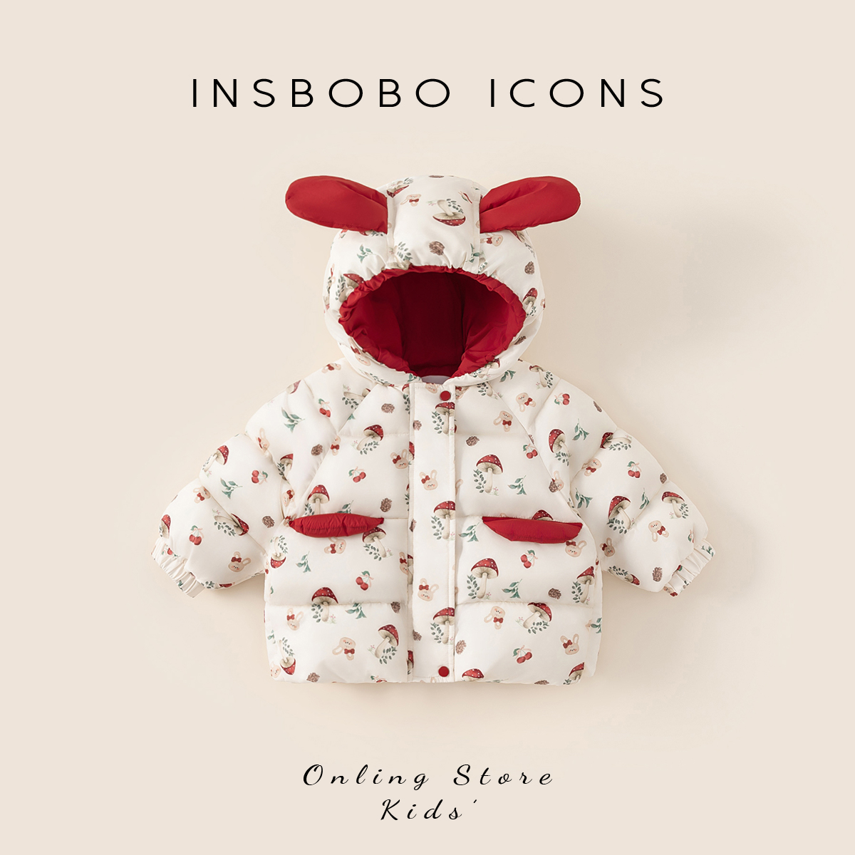 INSbobo儿童满印连帽撞色棉服