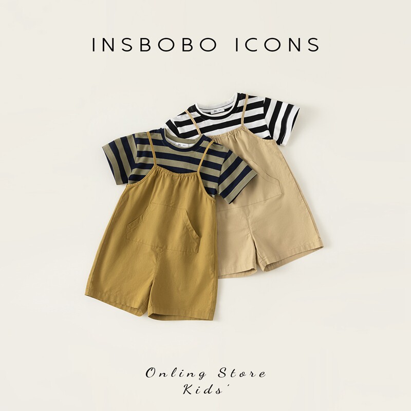 INSbobo儿童背带裤套装条纹衣服图片
