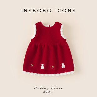 INSbobo周岁女宝礼服2025冬季新款加绒红色女童连衣裙新年冬裙潮