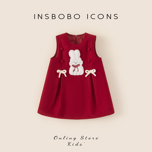INSbobo周岁女宝礼服2025冬装女童连衣裙新年红色衣服儿童公主裙