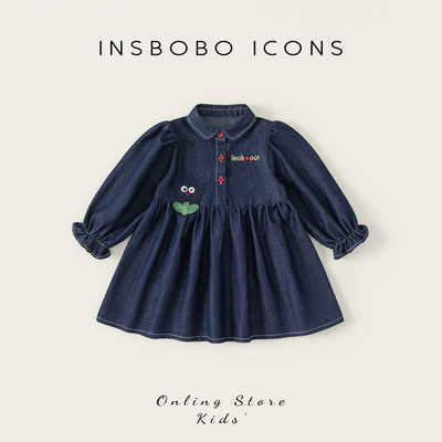 INSbobo儿童花朵装饰牛仔连衣裙