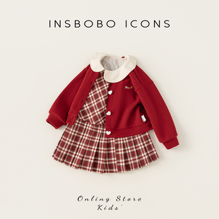 INSbobo女童裙子2026春季新款宝宝新年红色套装裙女孩过年连衣裙