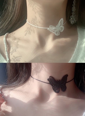 蝴蝶choker项圈颈链少女细绸缎绑带锁骨链手绳