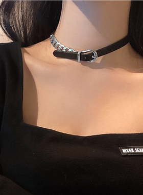 个性暗黑皮带扣拼接粗链条锁骨链女欧美项链choker项圈颈带潮流