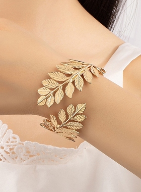 银色长宽锯齿树叶植物花卉开口臂环女男搭配饰品臂镯袖箍臂钏道具