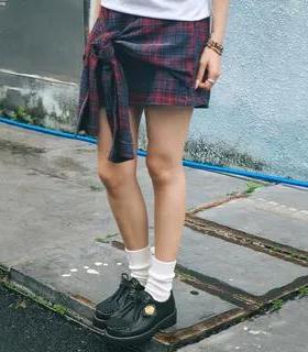 FLOATINGGIRLS漂浮女孩 复古辣妹系带不规则格子格纹高腰A字裙