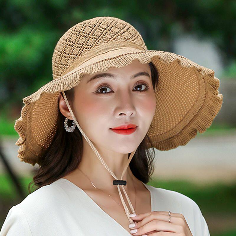 女士遮阳帽带防风绳可折