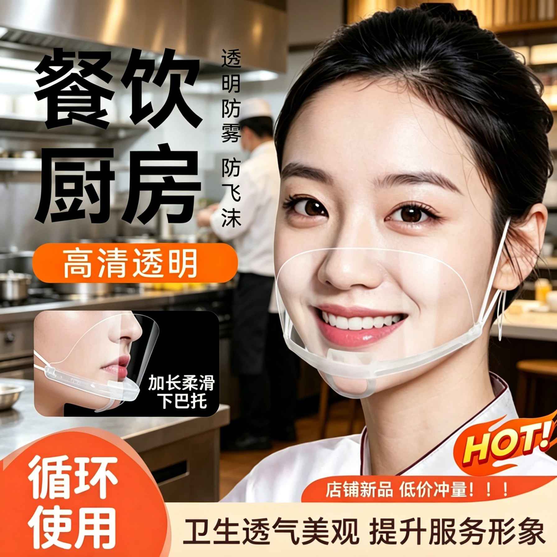 30只透明口罩餐饮专用微笑款厨房厨师食品加工防雾防飞沫唾沫口水